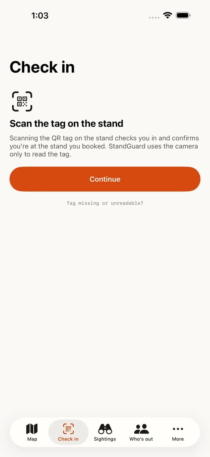 StandGuard's check-in screen: scan the tag on the stand, with an explanation that the camera is used only to read the tag and a fallback for a missing or unreadable tag.