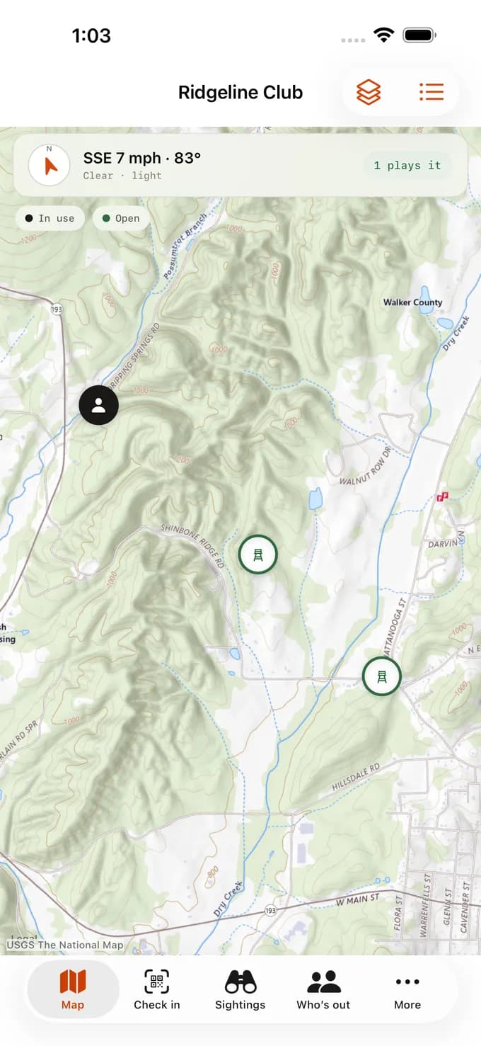 The StandGuard map for Ridgeline Club: a topographic map with each stand marked, today's wind shown at the top, and which stands are open or in use.