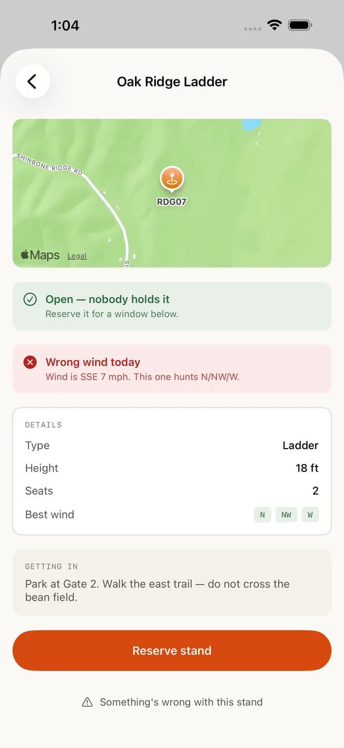 A stand's page in StandGuard: Oak Ridge Ladder is open, today's south-southeast wind is marked as wrong for it because it hunts north, northwest and west, with its height, seats, access directions and a Reserve stand button.