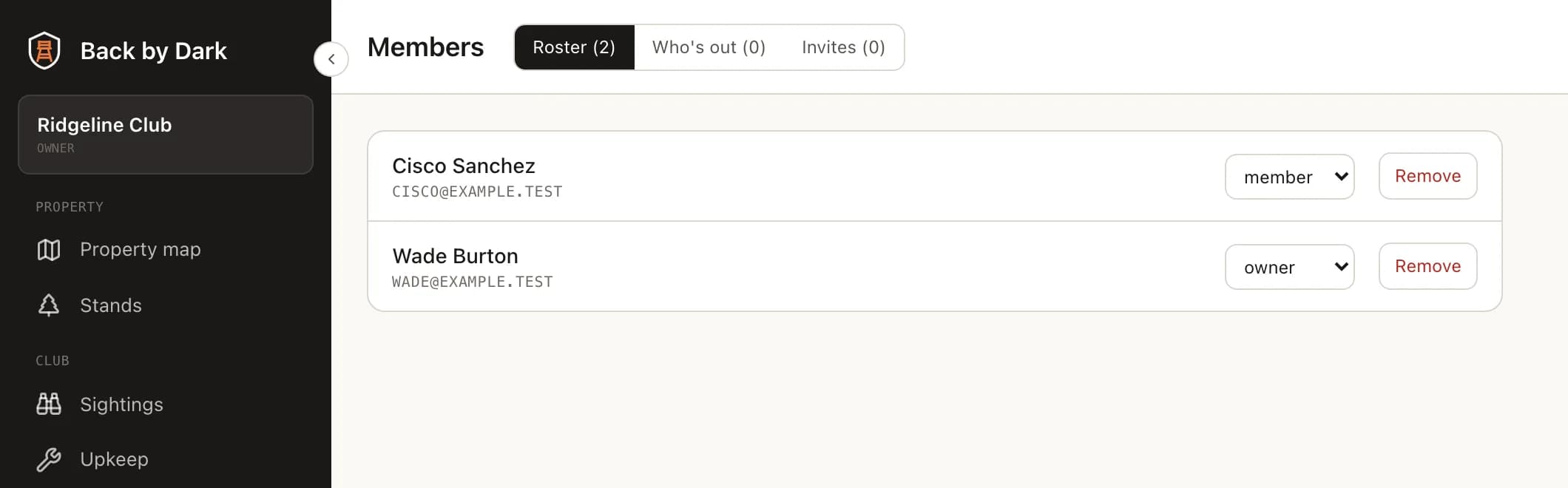 The Back by Dark console's member roster: two members with a role selector showing member and owner, a Remove button for each, and tabs for Who's out and Invites.