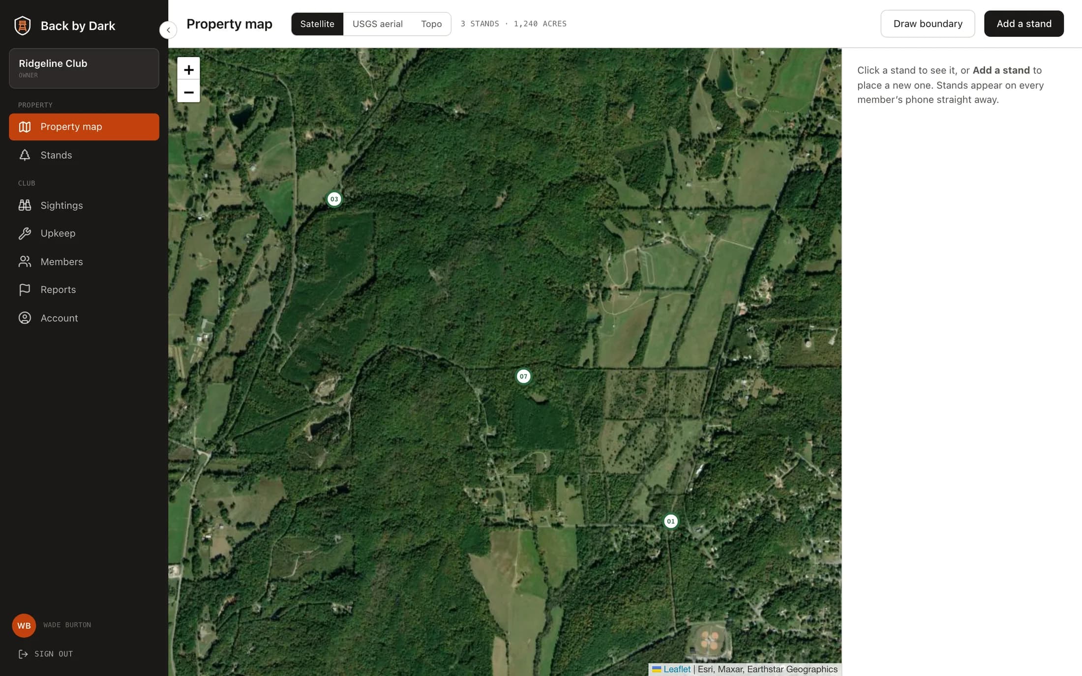 The Back by Dark console's property map: satellite imagery of Ridgeline Club's 1,240 acres with three numbered stands, a sidebar for stands, sightings, upkeep, members and reports, and buttons to draw the boundary and add a stand.